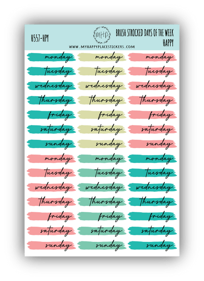 Days of the Week Over Brush Stroke. Planner Stickers || H557