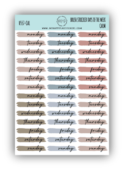 Days of the Week Over Brush Stroke. Planner Stickers || H557