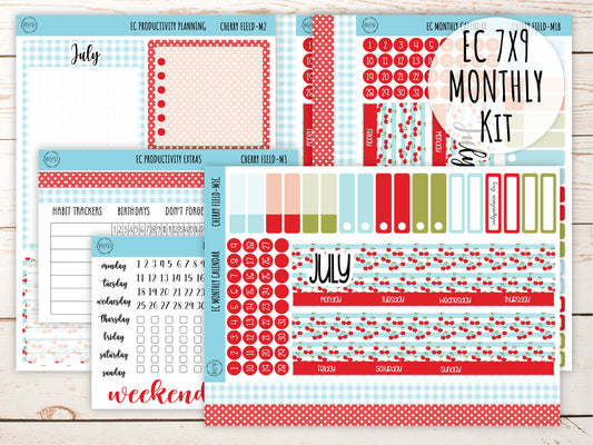 Erin Condren 7x9 Monthly Kit. JULY "Cherry Field Planner Stickers || CF-M