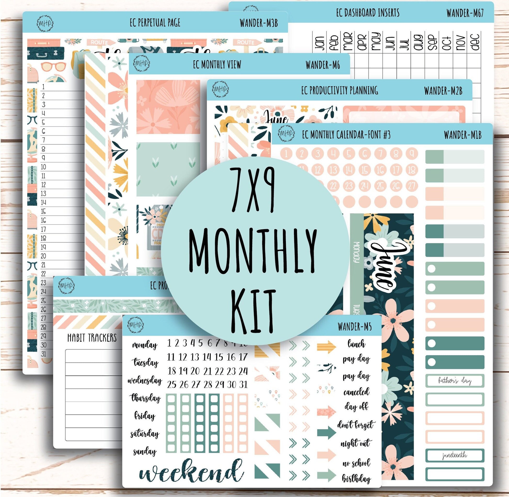 JUNE Monthly Kit Stickers for 7x9 Erin Condren Planners. "Wander" || WR-M