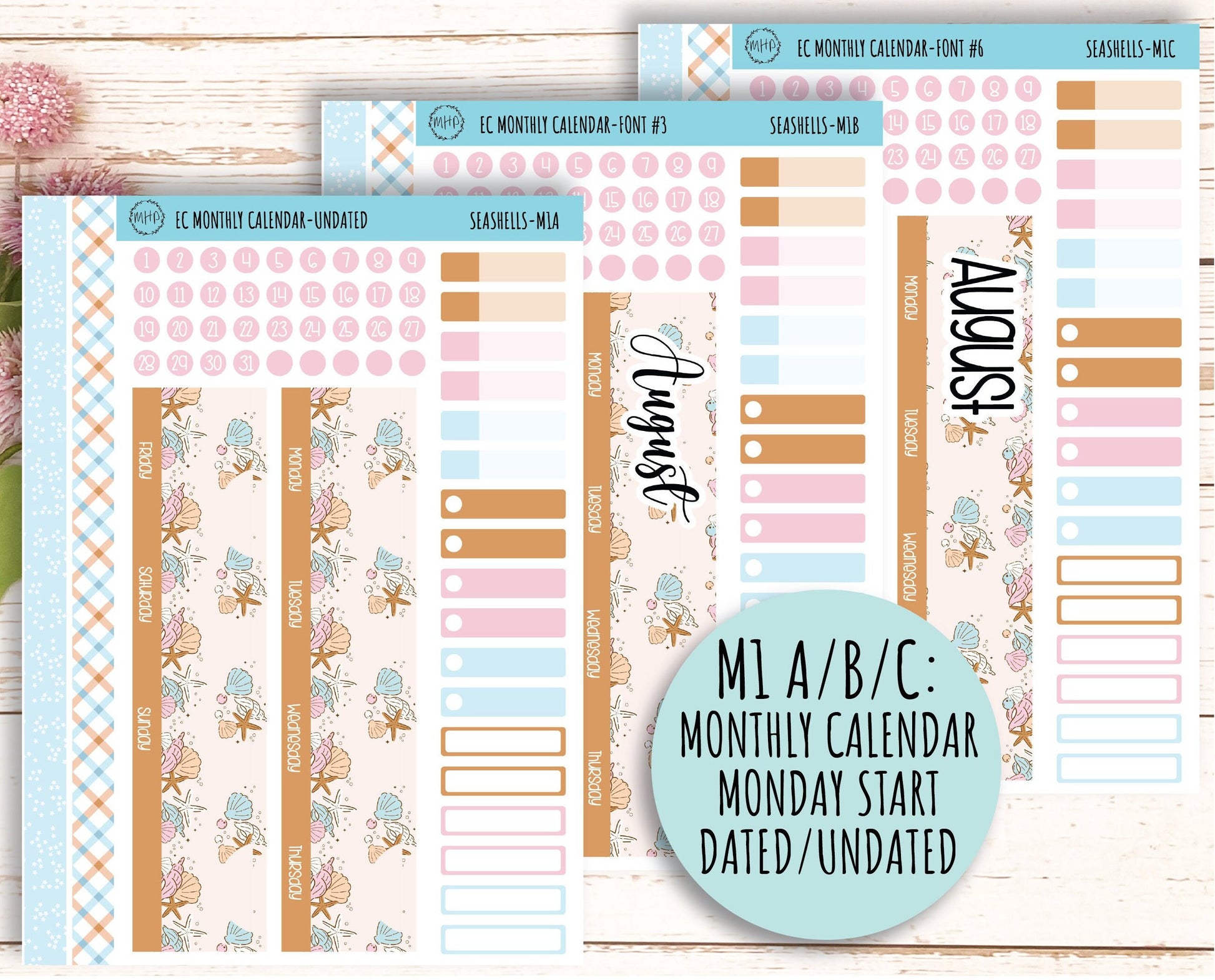 AUGUST Monthly Kit Stickers for 7x9 Erin Condren Planners. "SEASHELLS" || SSH-M