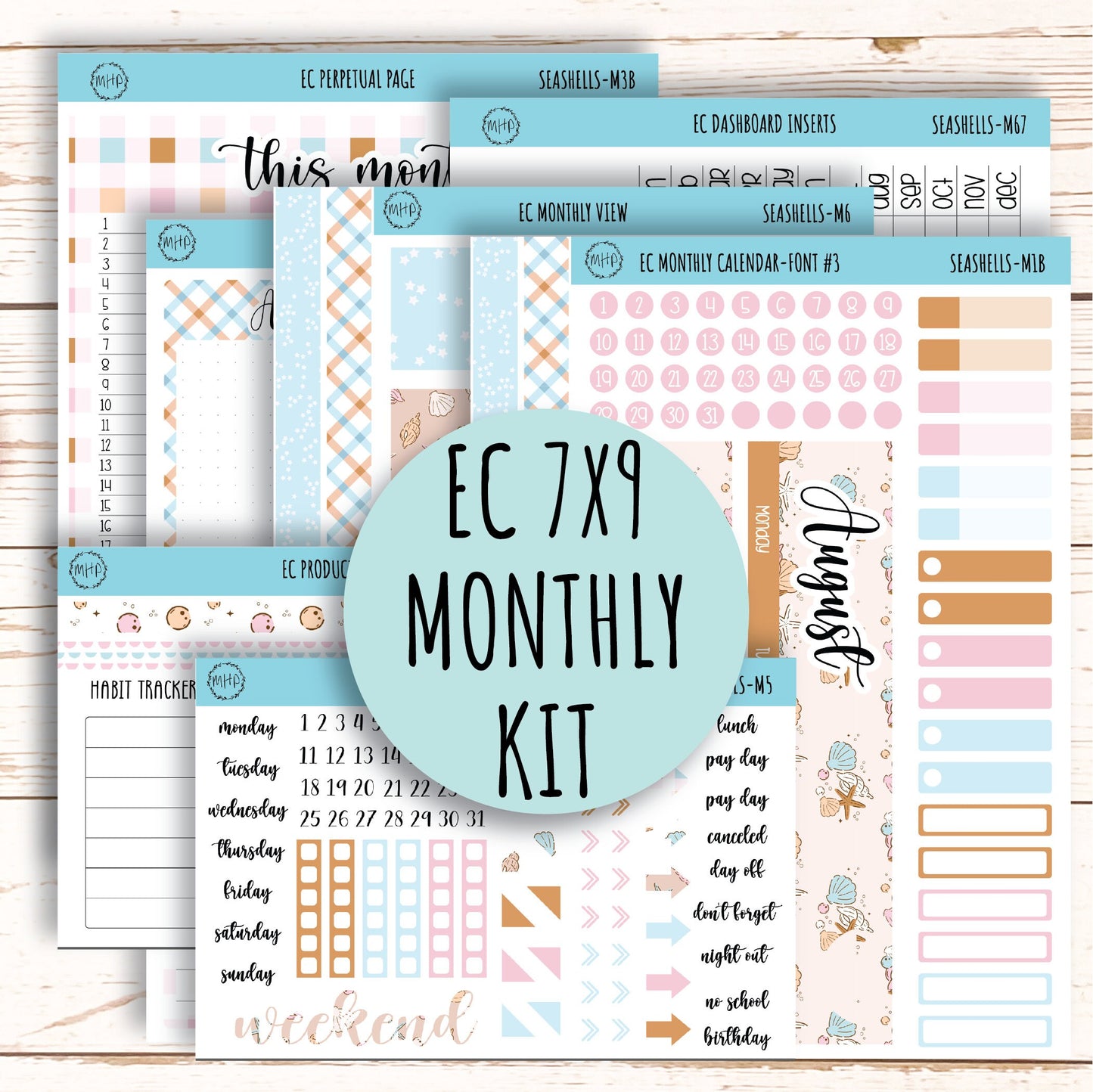 AUGUST Monthly Kit Stickers for 7x9 Erin Condren Planners. "SEASHELLS" || SSH-M