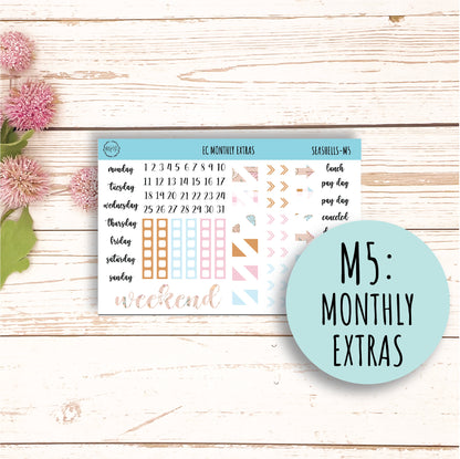 AUGUST Monthly Kit Stickers for 7x9 Erin Condren Planners. "SEASHELLS" || SSH-M