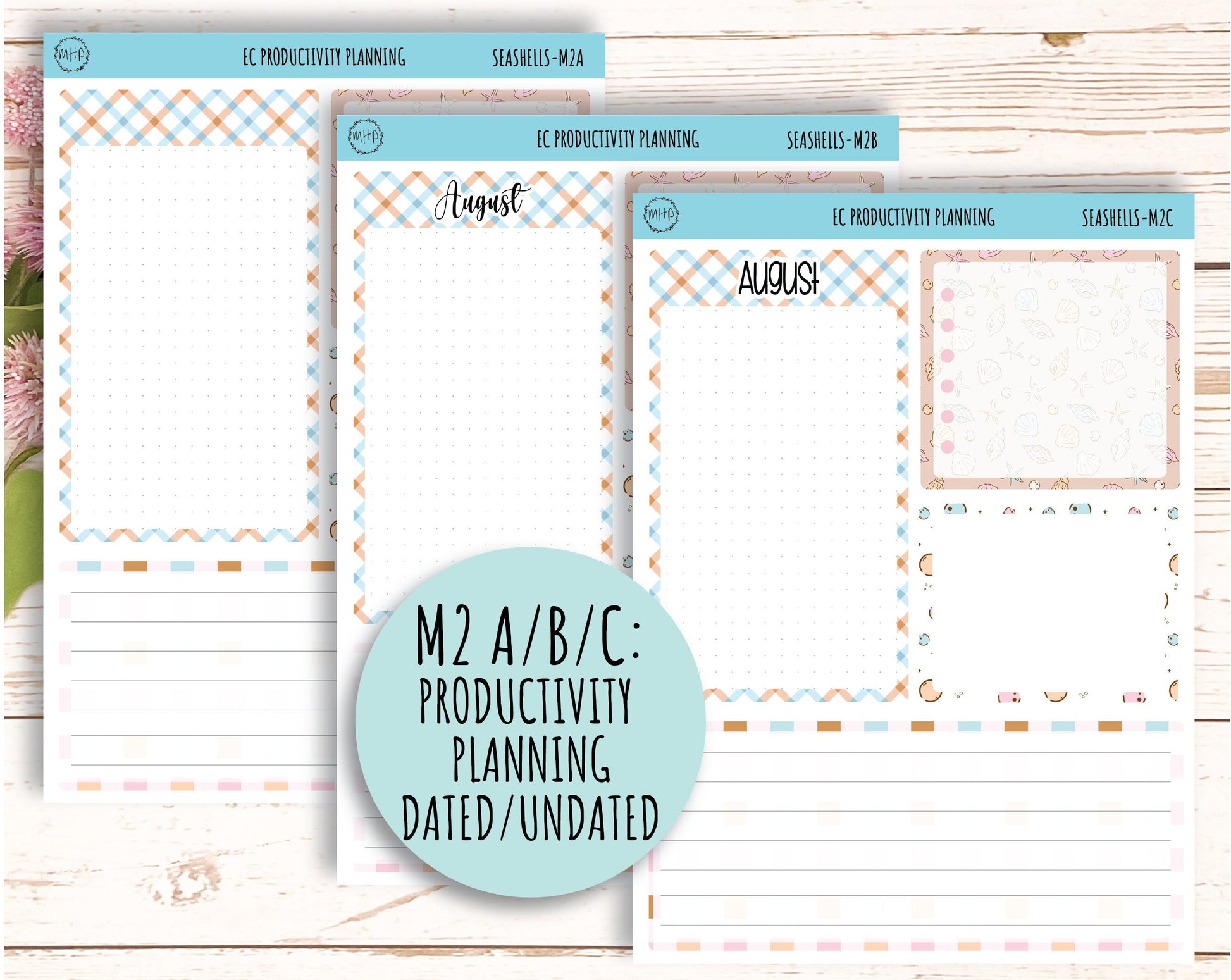 AUGUST Monthly Kit Stickers for 7x9 Erin Condren Planners. "SEASHELLS" || SSH-M