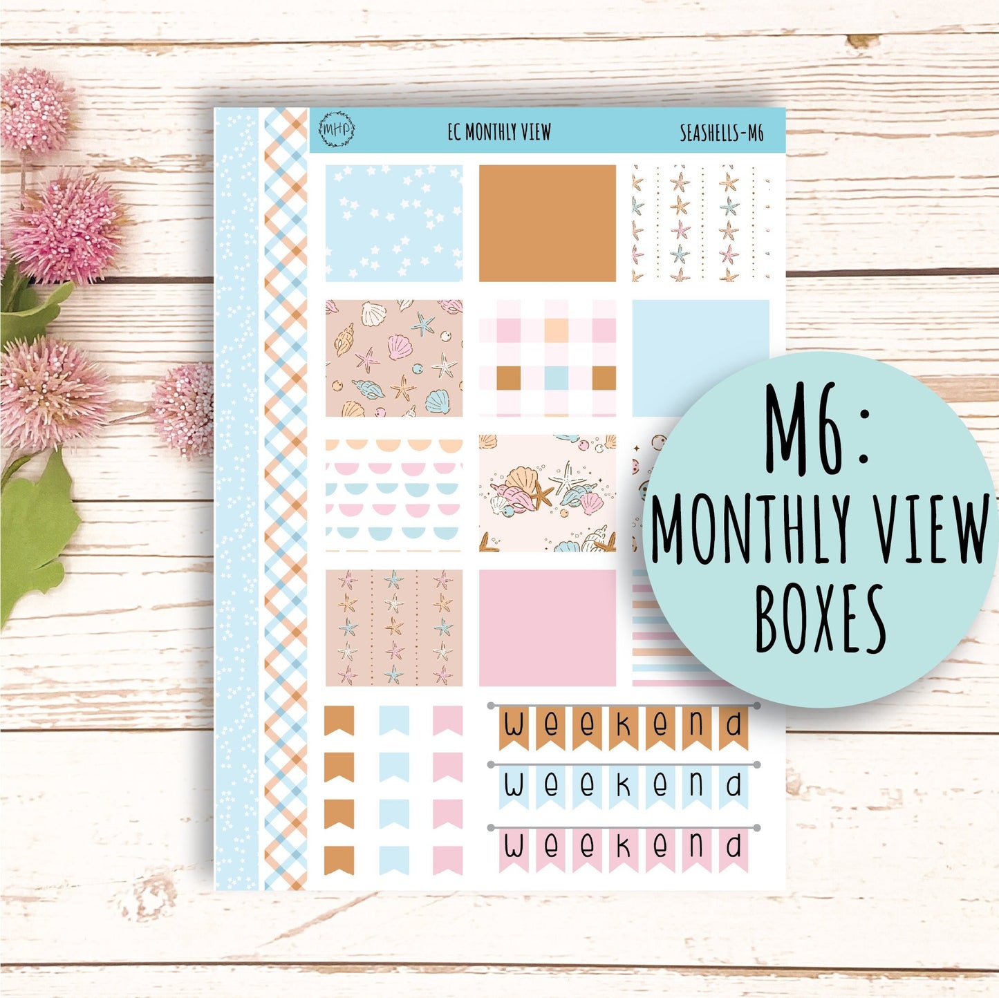 AUGUST Monthly Kit Stickers for 7x9 Erin Condren Planners. "SEASHELLS" || SSH-M