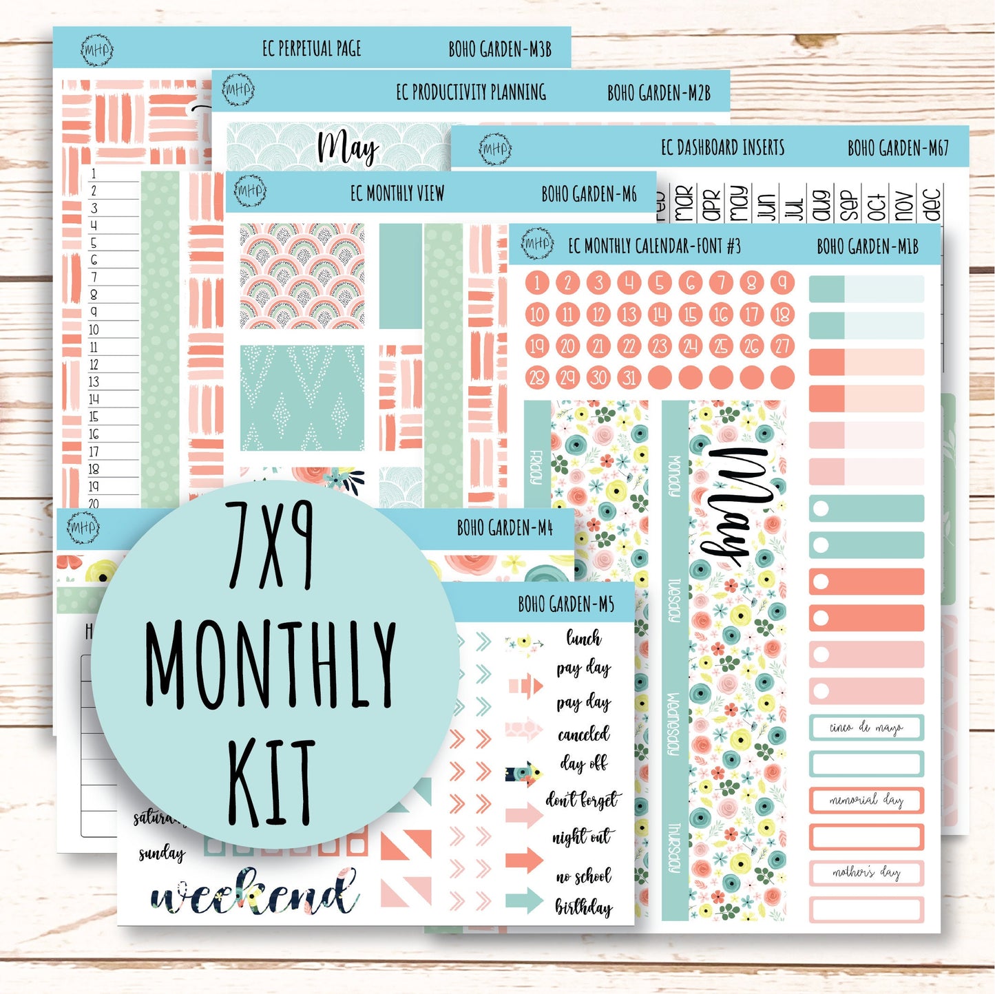 MAY Monthly Kit Stickers for 7x9 Planners "Boho Garden" || BG-M