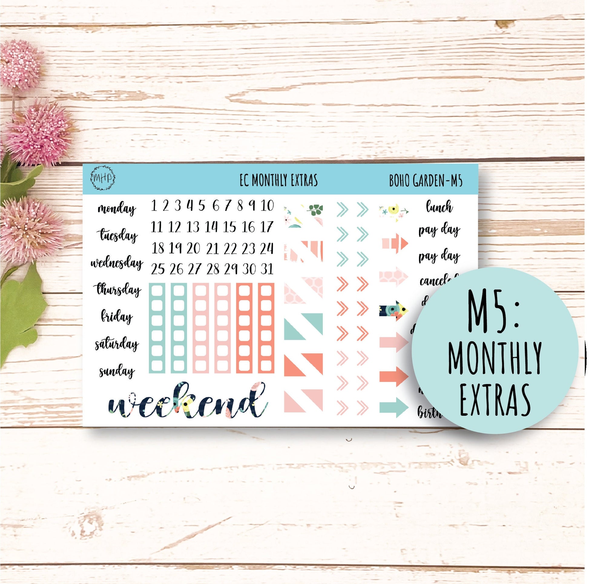 MAY Monthly Kit Stickers for 7x9 Planners "Boho Garden" || BG-M