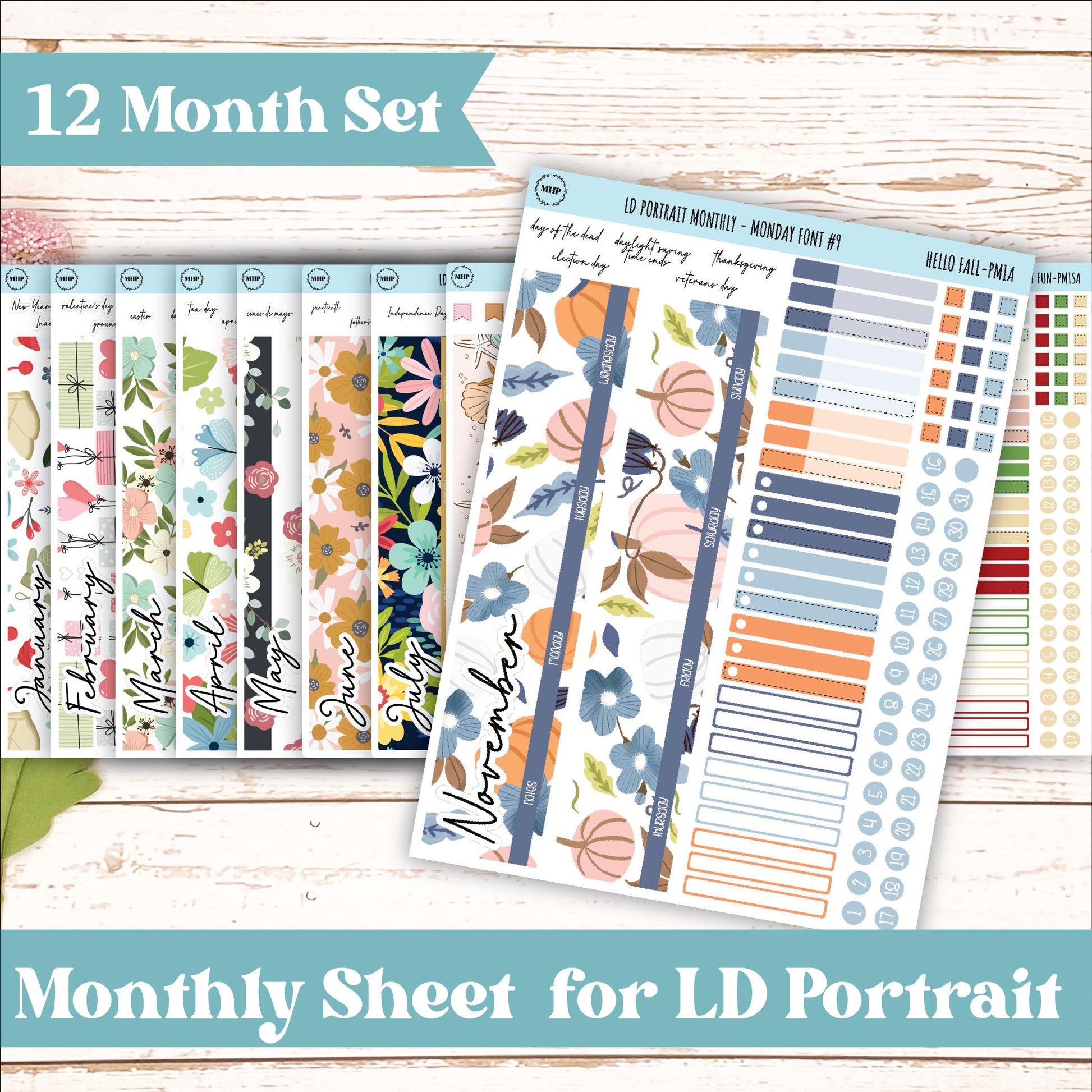 12 Monthly Sheet Set for Laurel Denise PORTRAIT Planner || LD407