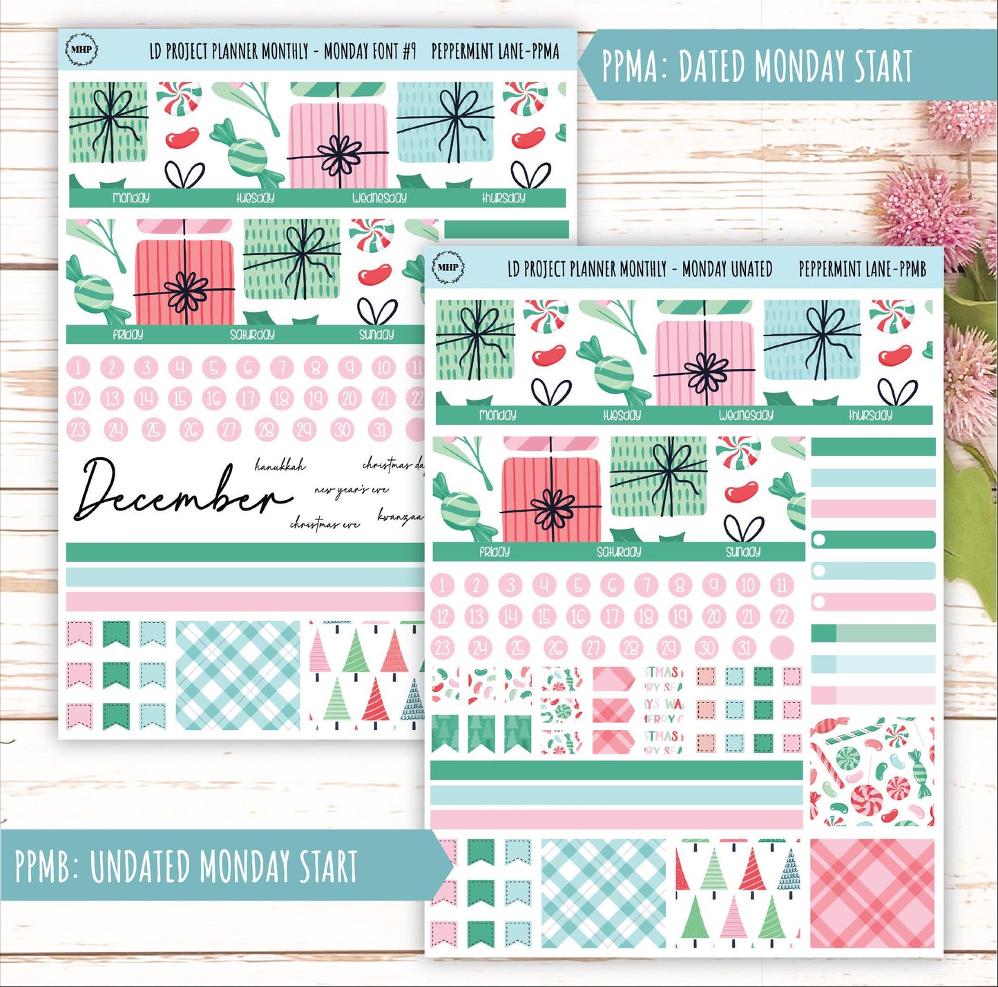 DECEMBER Stickers for LD Project Planner "Peppermint Lane" || PPPL