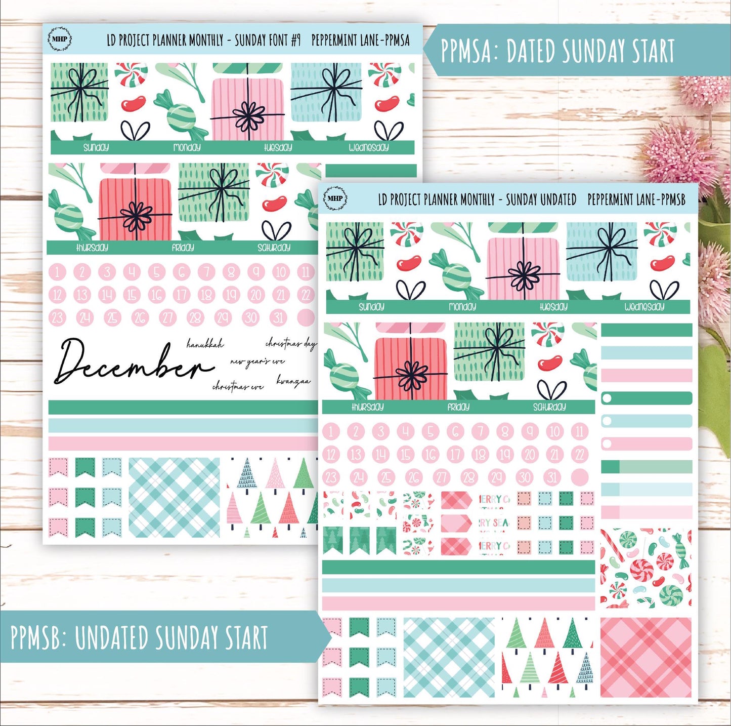 DECEMBER Stickers for LD Project Planner "Peppermint Lane" || PPPL