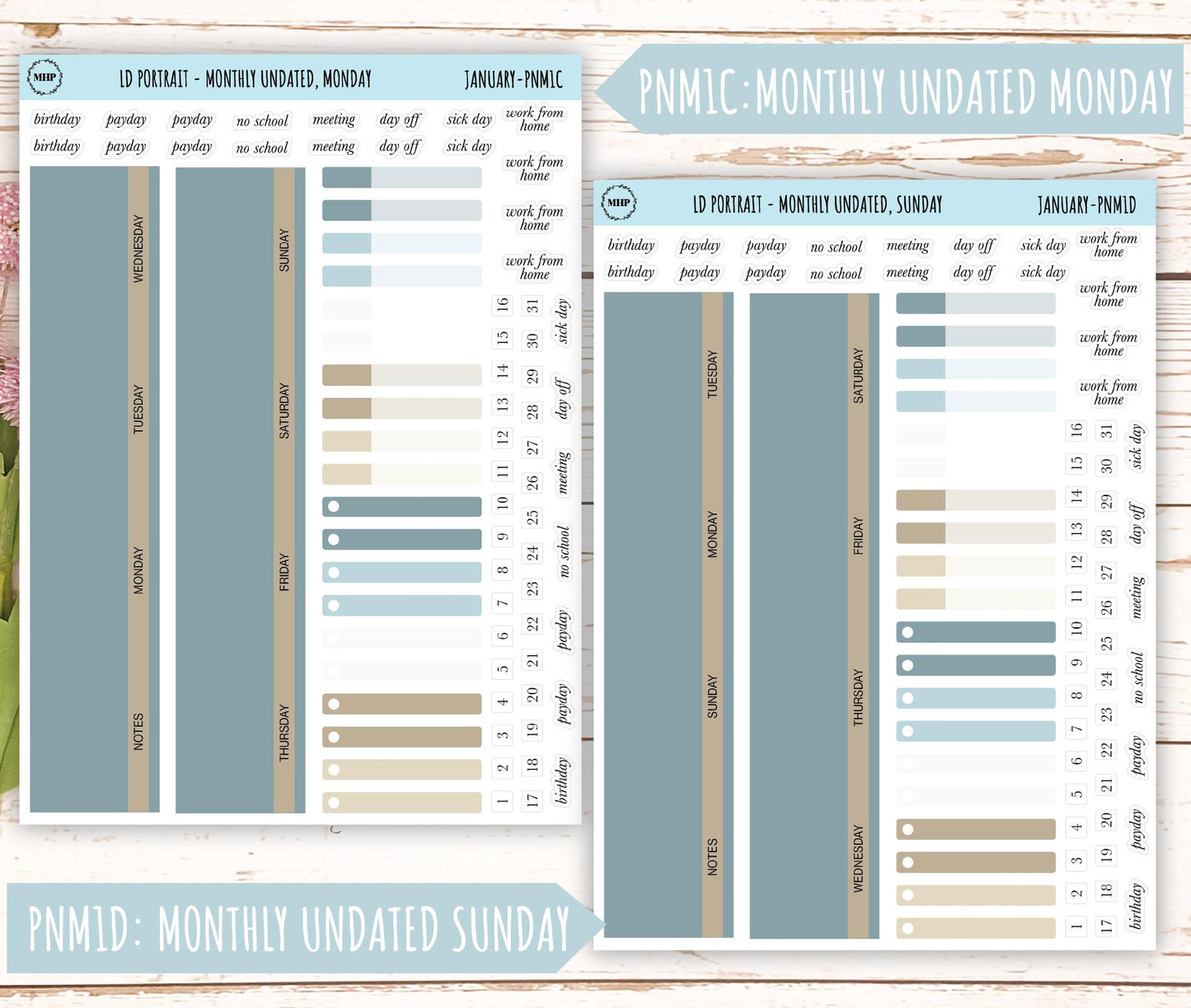 JANUARY Stickers for Laurel Denise Portrait Planners. Neutral Color || PN-JAN