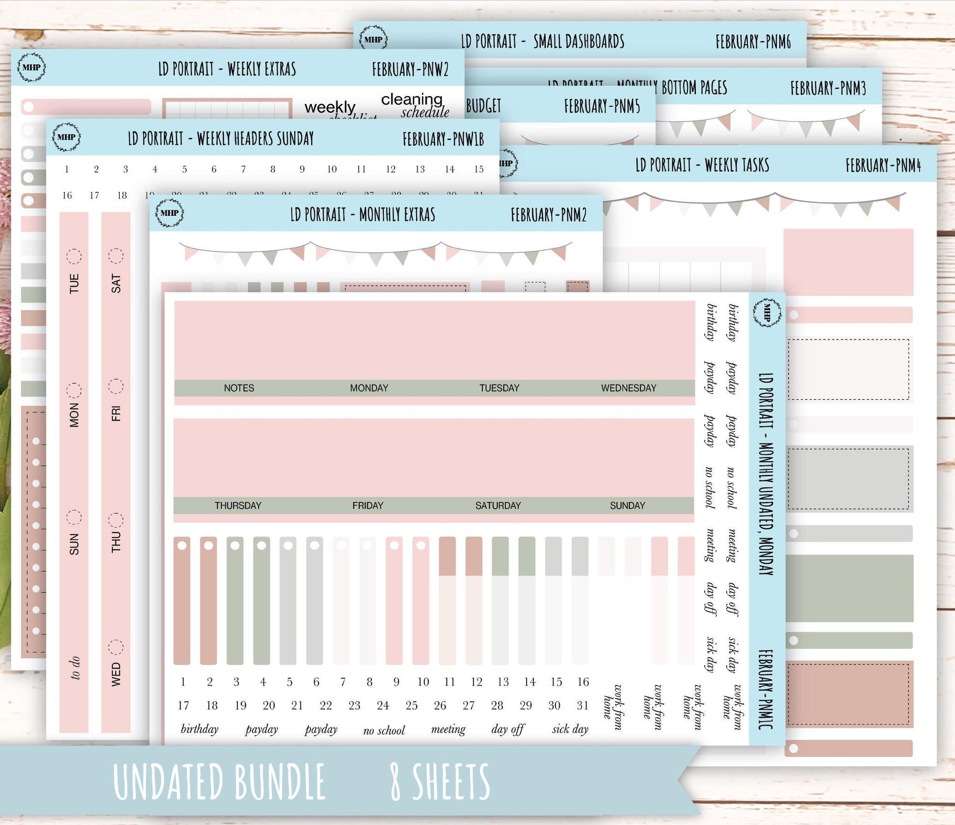 FEBRUARY Stickers for Laurel Denise Portrait Planners. Neutral Color || PN-FEB