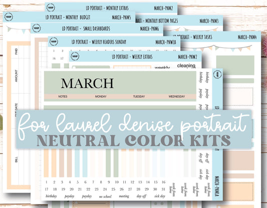 MARCH Stickers for Laurel Denise Portrait Planners. Neutral Color || PN-MAR