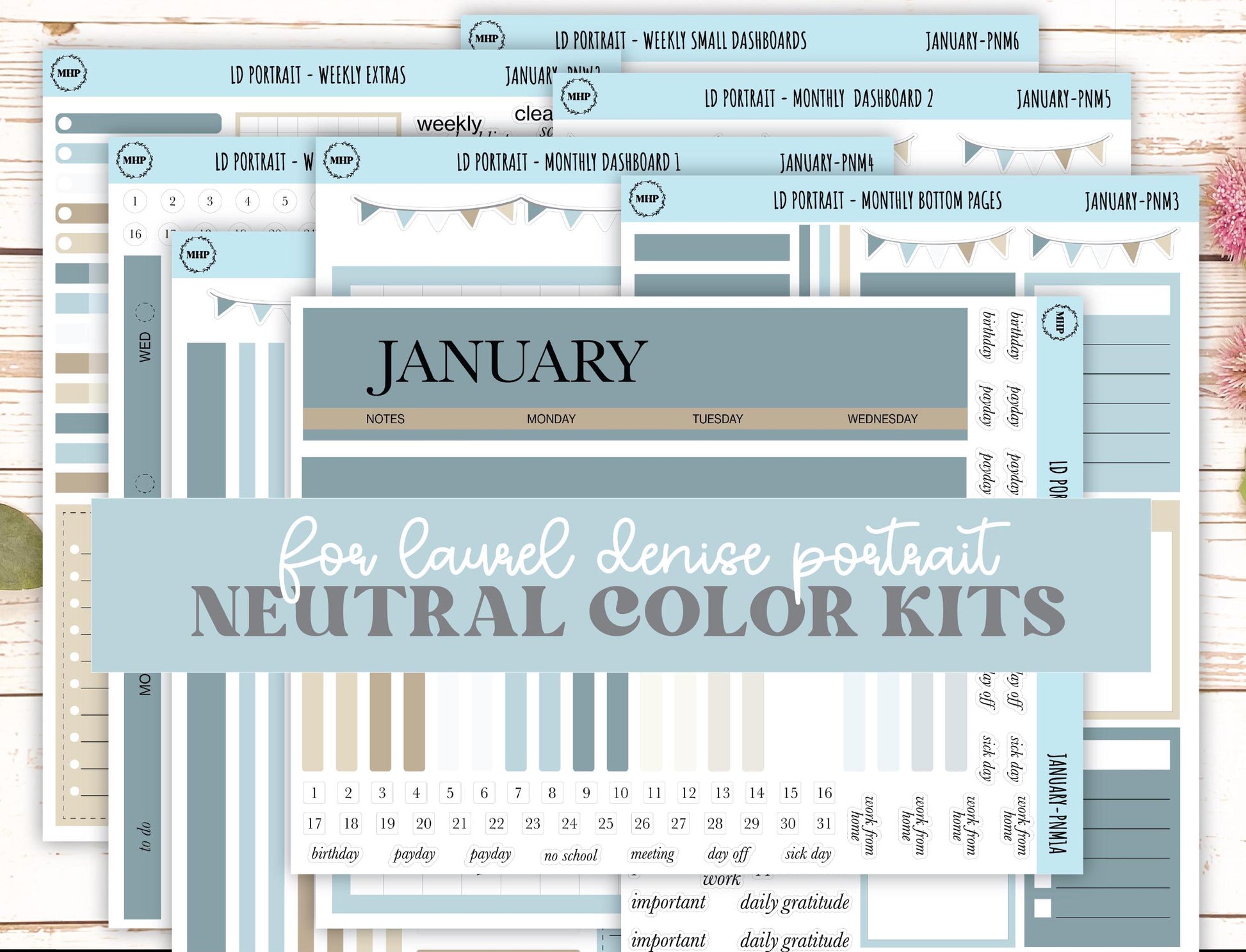 JANUARY Stickers for Laurel Denise Portrait Planners. Neutral Color || PN-JAN