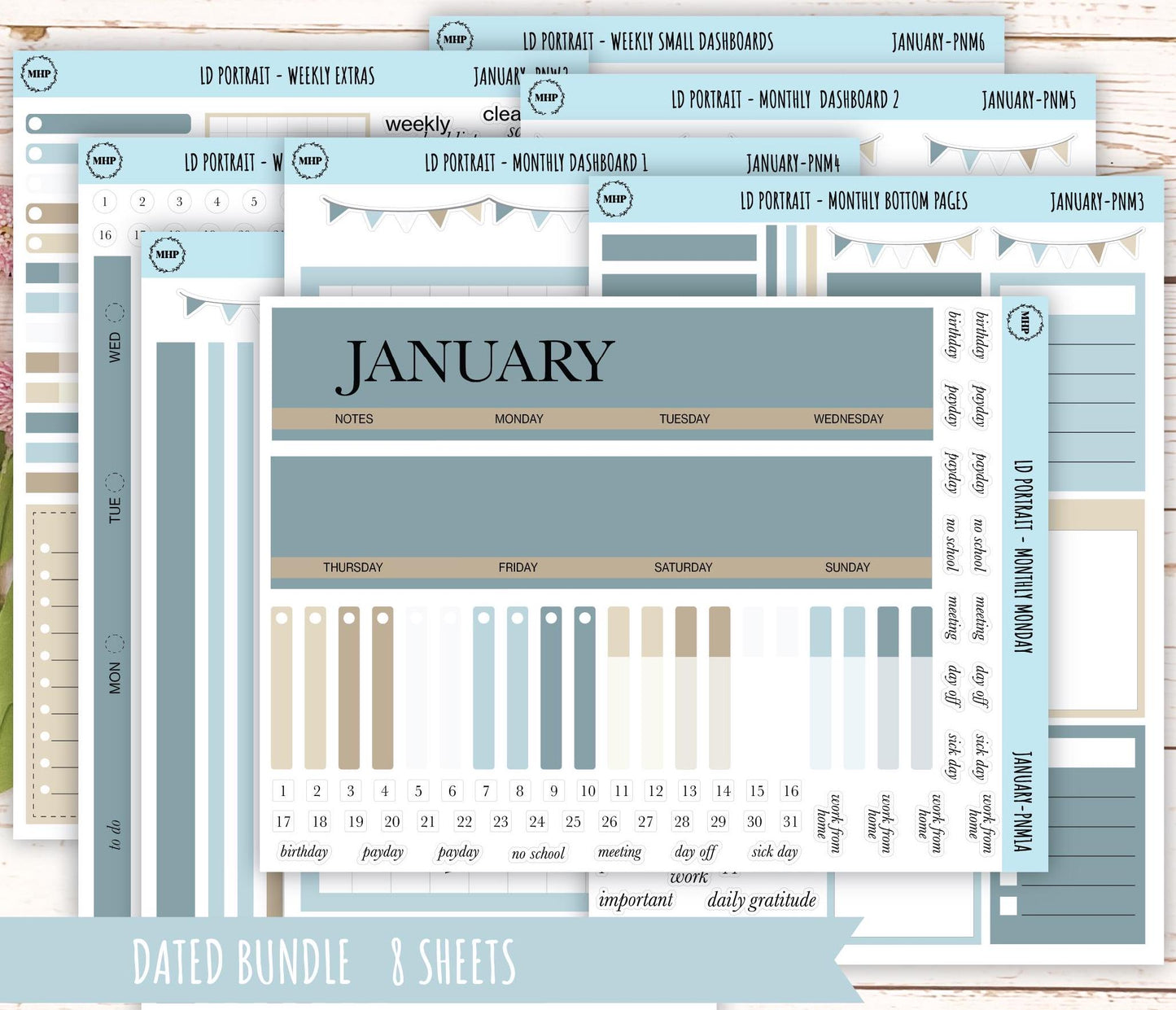 JANUARY Stickers for Laurel Denise Portrait Planners. Neutral Color || PN-JAN