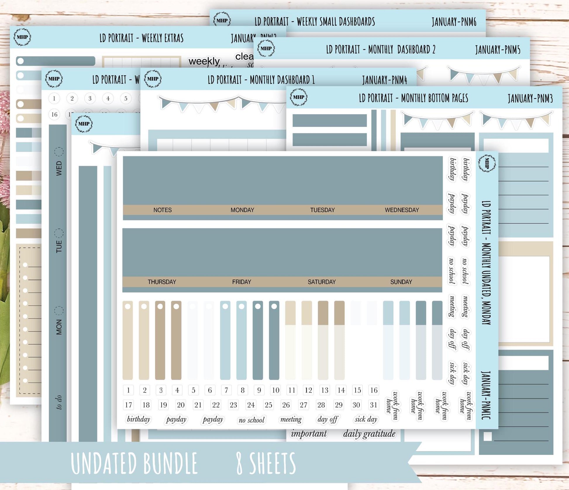 JANUARY Stickers for Laurel Denise Portrait Planners. Neutral Color || PN-JAN