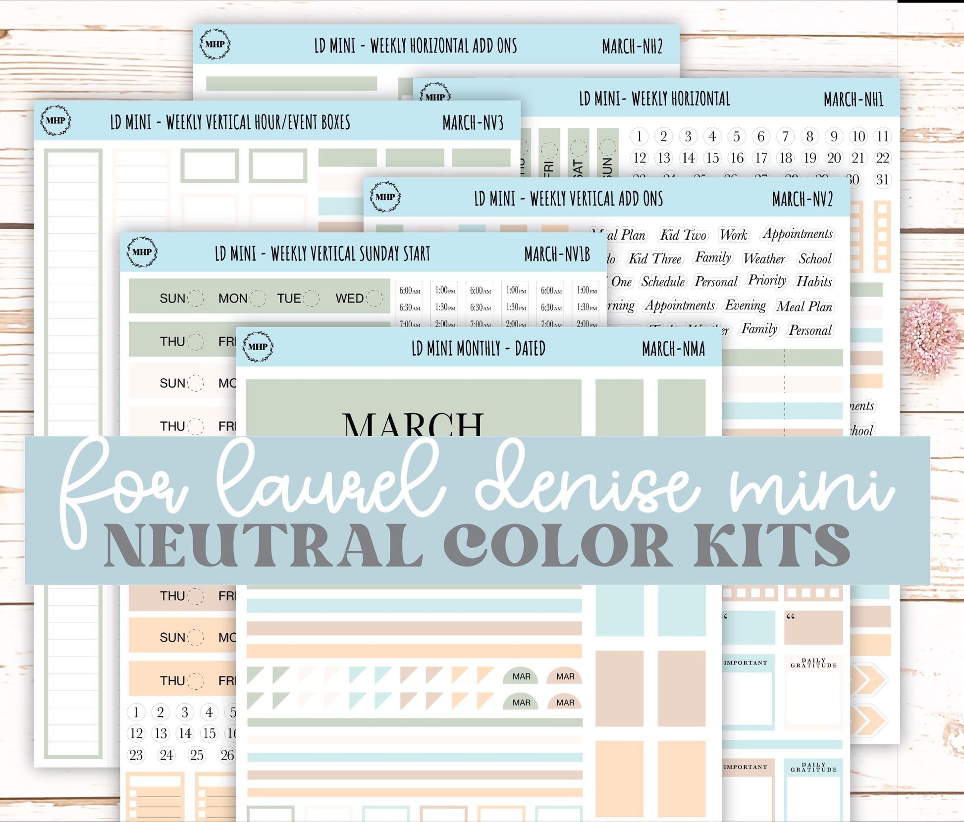 MARCH Neutral Color Stickers for MINI Laurel Denise Planners || NMAR