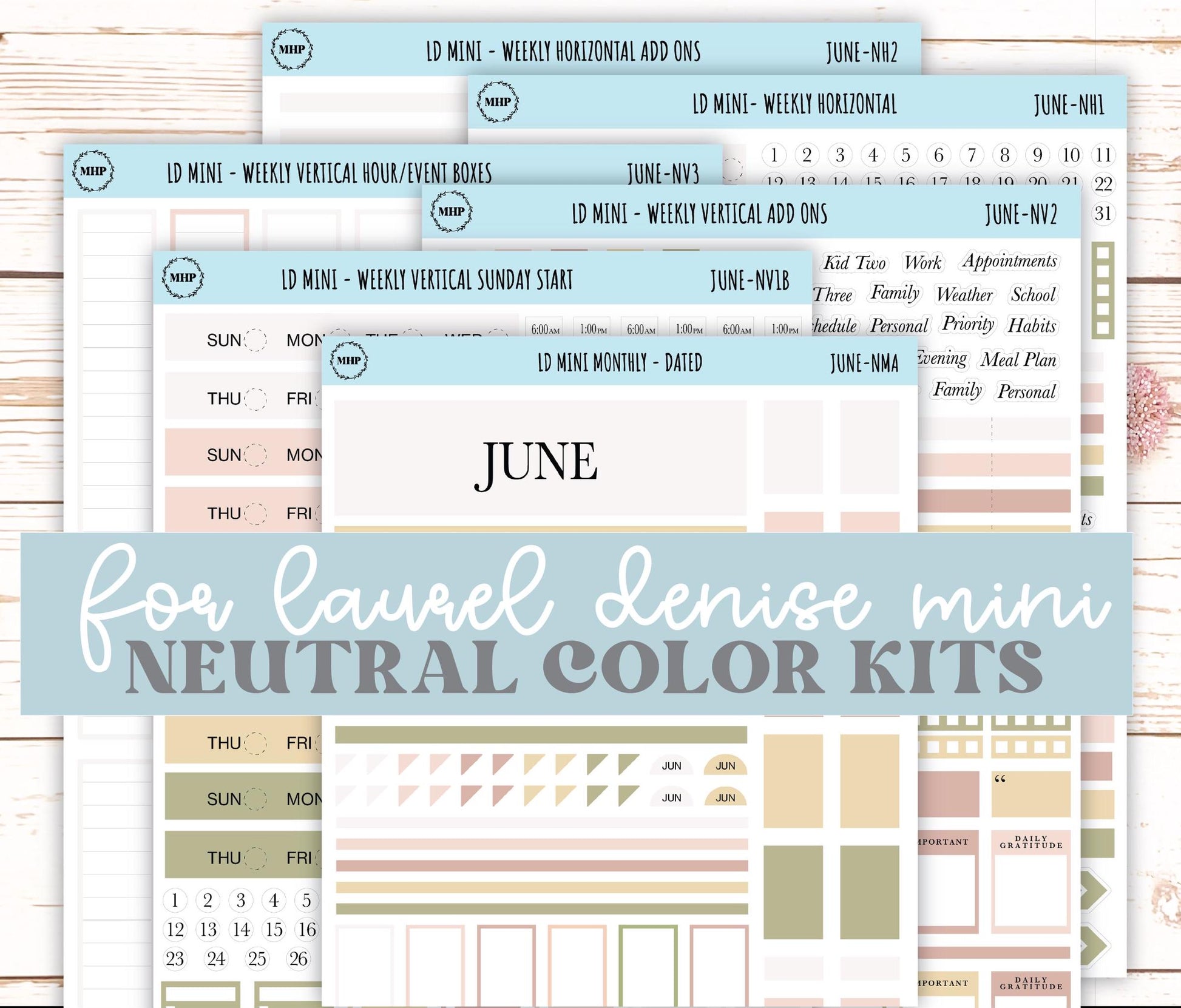 JUNE Neutral Color Stickers for MINI Laurel Denise Planners || NJUN