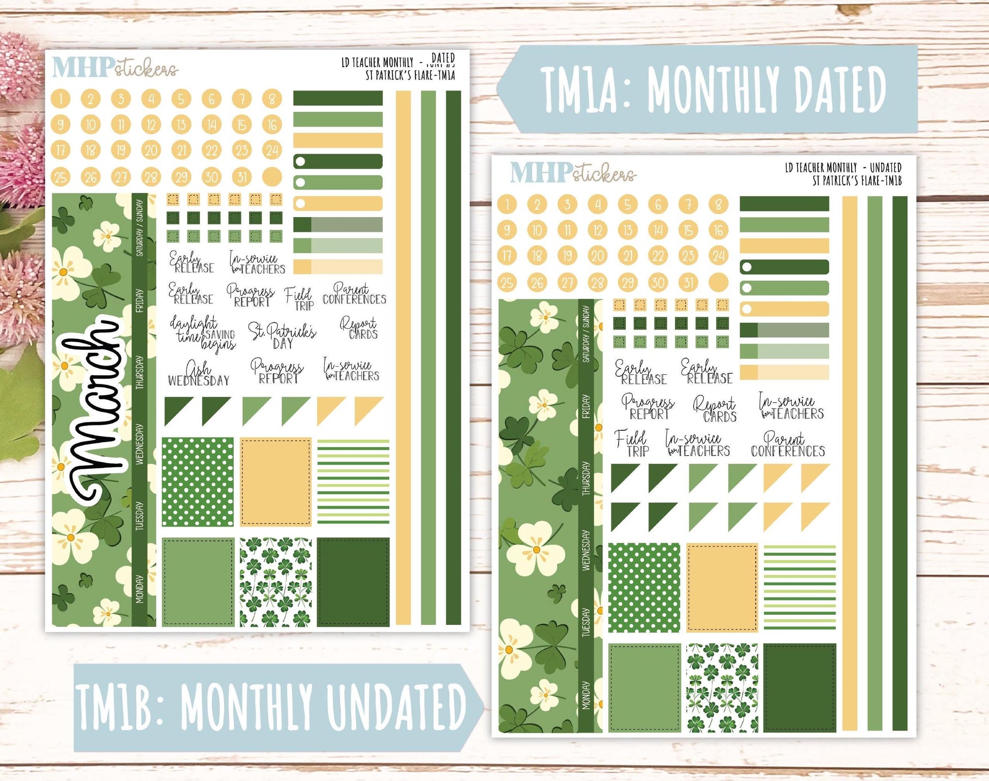 MARCH Stickers for Laurel Denise Teacher Planners. "St Patrick's Flare" || TSPF