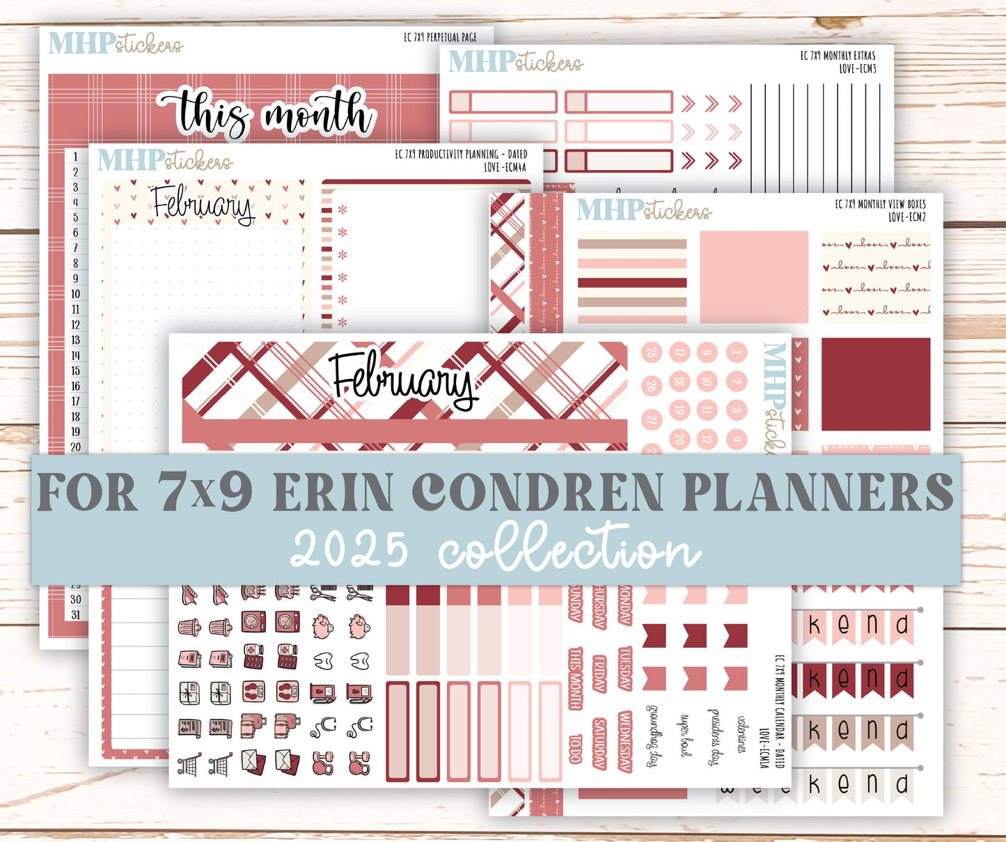 FEBRUARY 2025 Monthly Kit Stickers for 7x9 Erin Condren Planners. "Love" || ECMLV