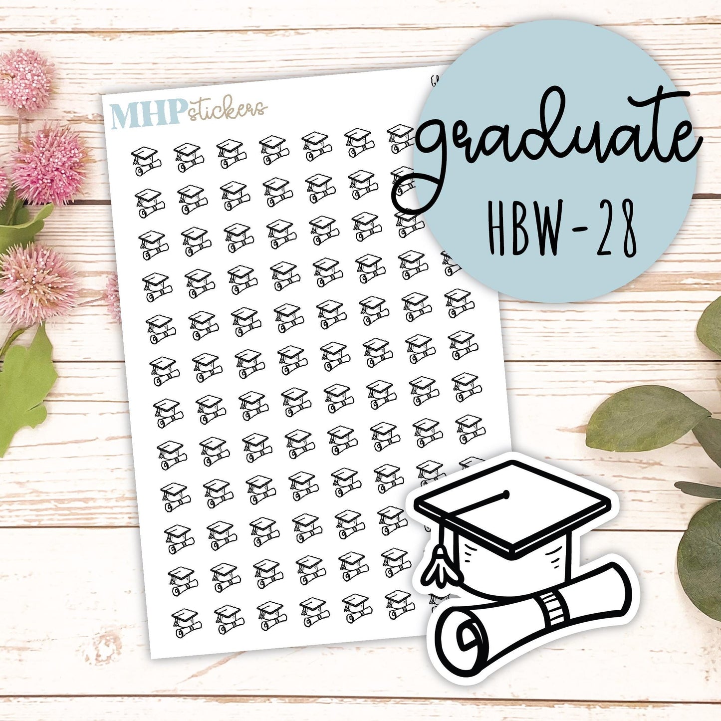 GRADUATE - Black & White Icon. Planner Stickers || HBW-28