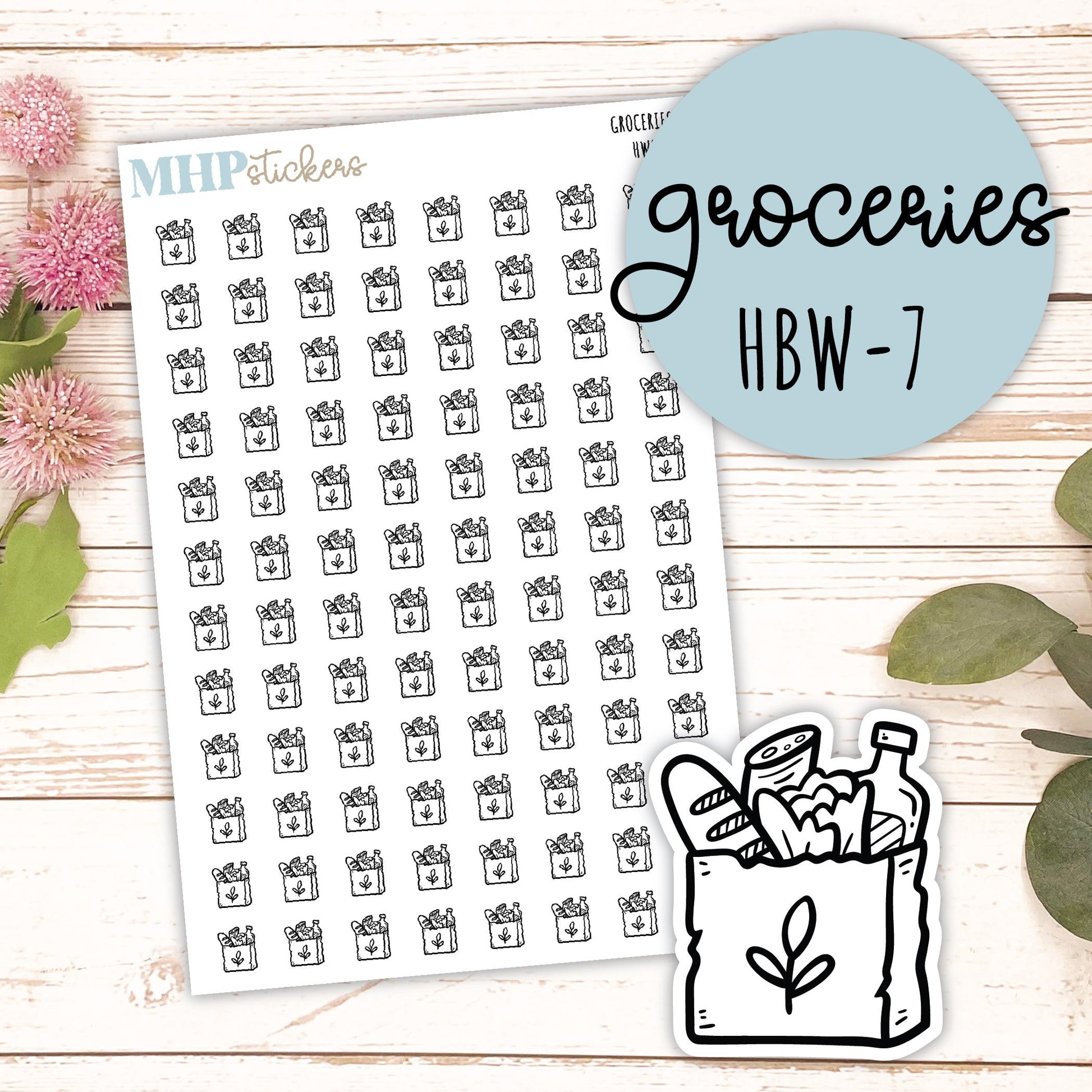 GROCERIES - Black & White Icon. Planner Stickers || HBW-7