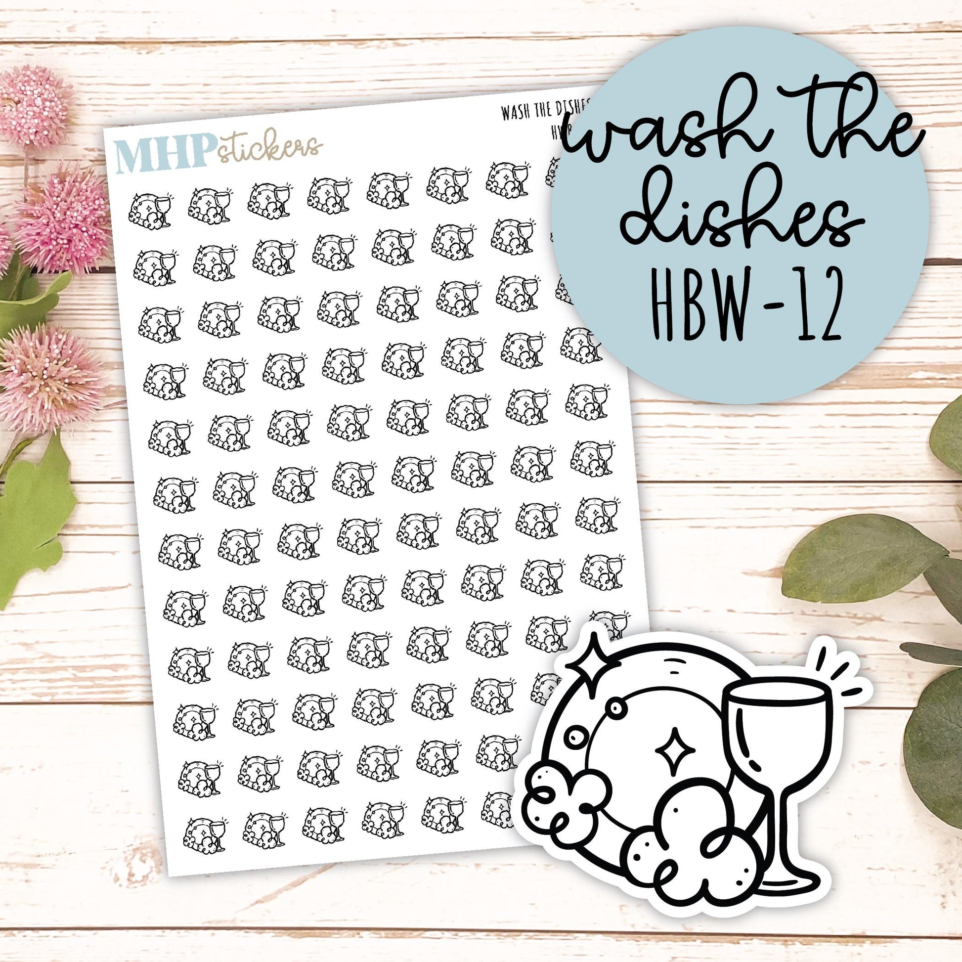 WASH DISHES- Black & White Icon. Planner Stickers || HBW-12