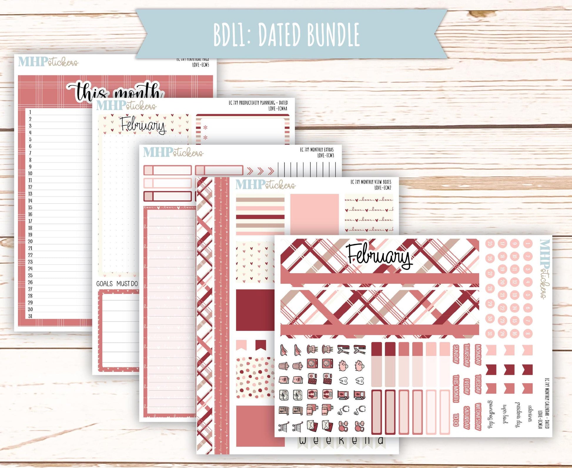 FEBRUARY 2025 Monthly Kit Stickers for 7x9 Erin Condren Planners. "Love" || ECMLV