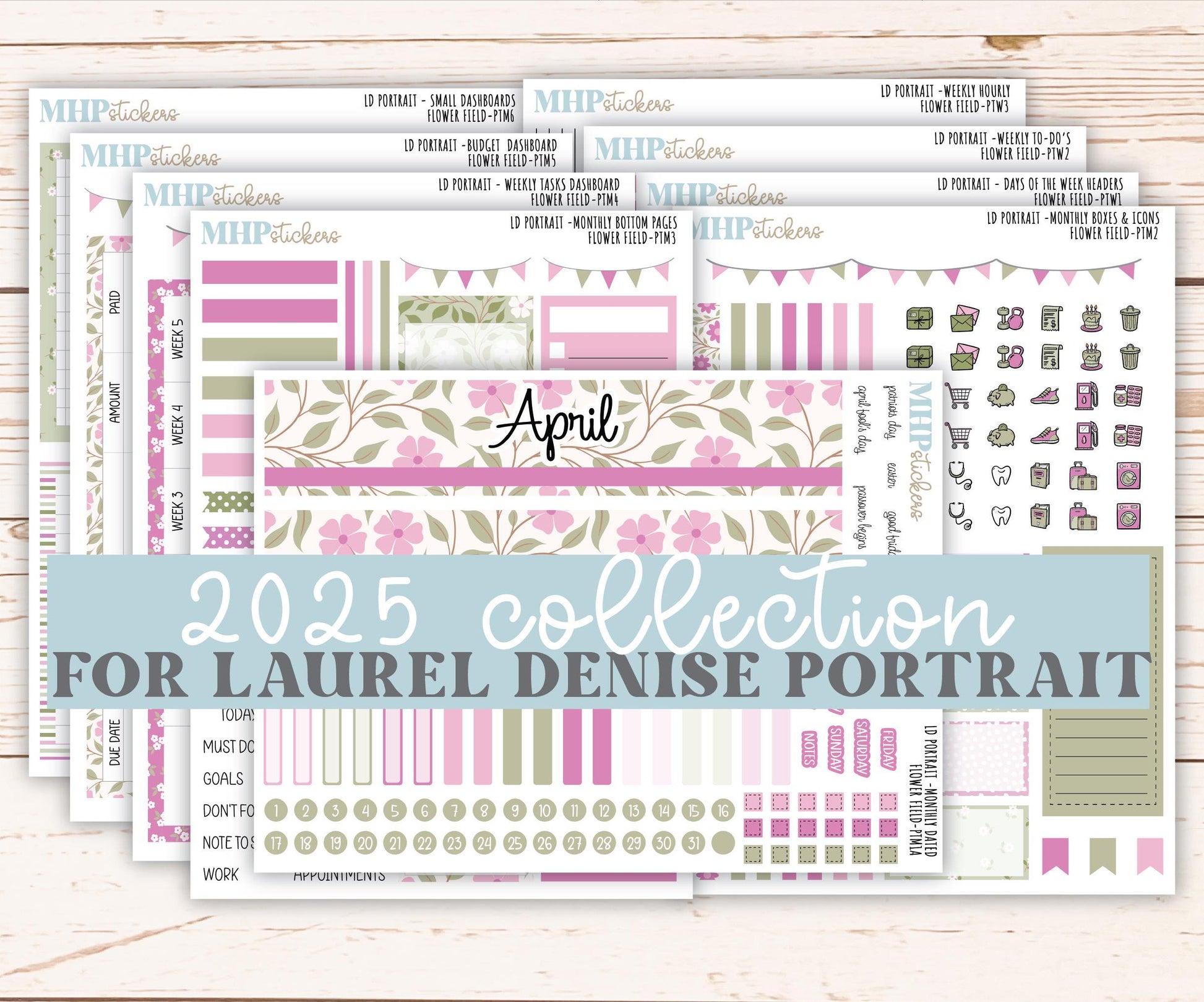 APRIL 2025 Stickers for Laurel Denise Portrait Planners. "Flower Field" || PTFF