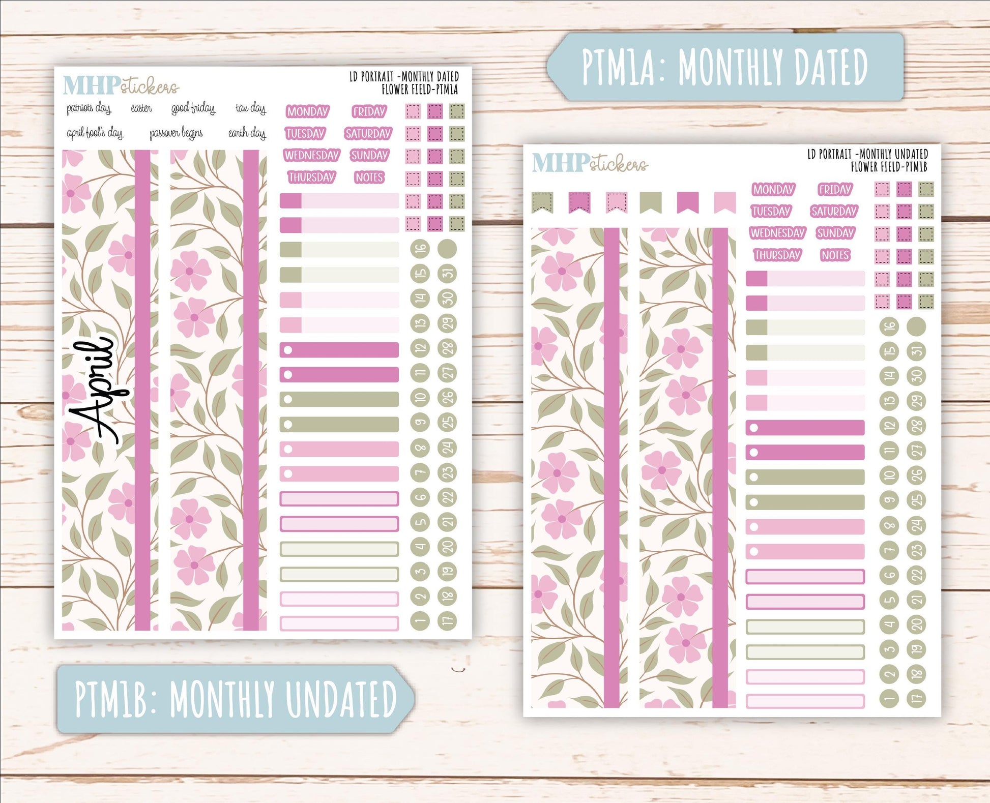 APRIL 2025 Stickers for Laurel Denise Portrait Planners. "Flower Field" || PTFF