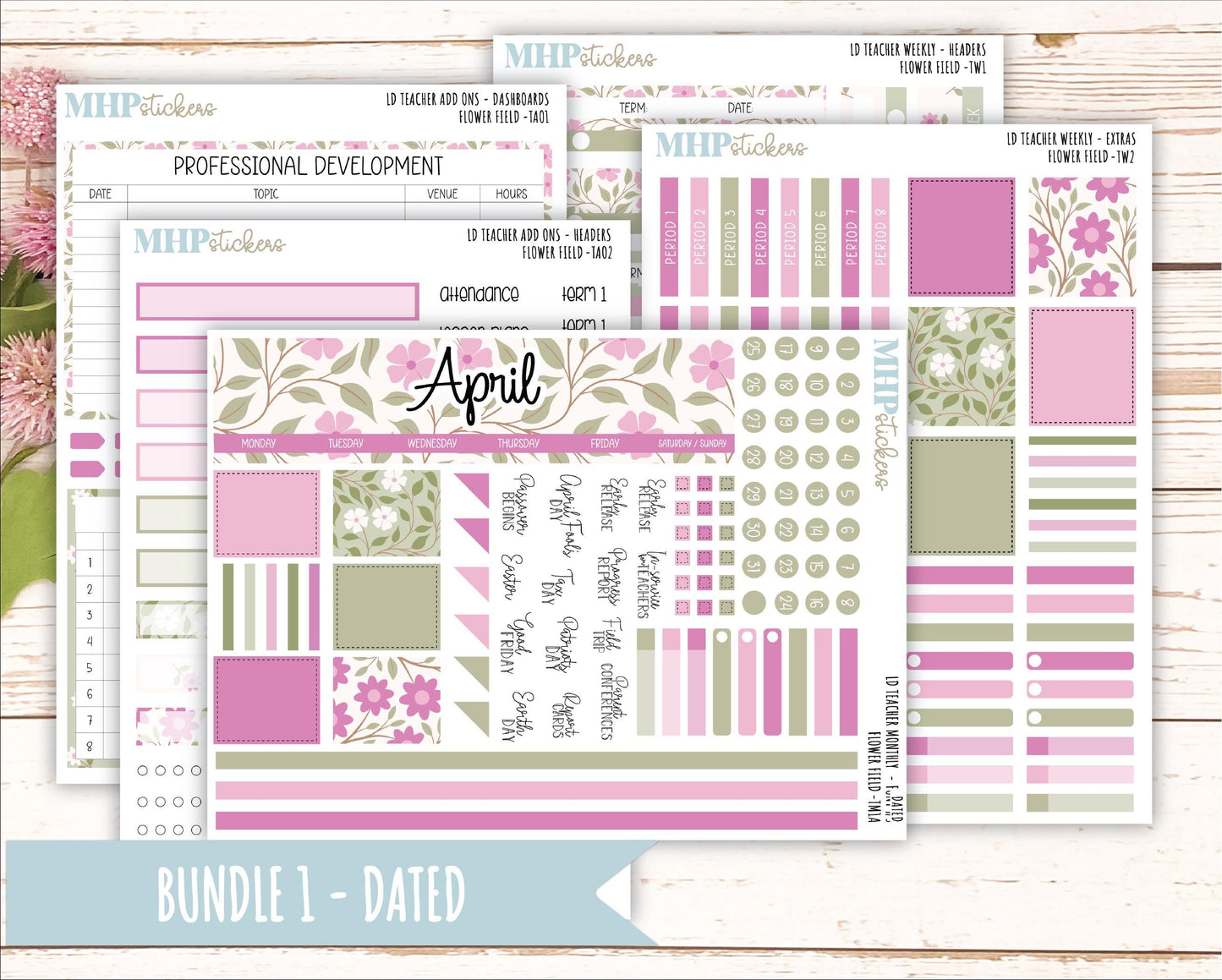 APRIL Stickers for Laurel Denise Teacher Planners. "Flower Field" || TFF