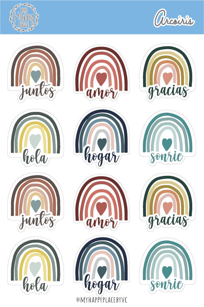 Tiempo de Arcoiris Sticker Sheet. Spanish Planner Stickers with Friendly Words for Bullet Journals and College Planners || HO904