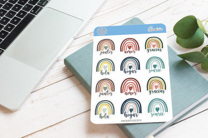 Tiempo de Arcoiris Sticker Sheet. Spanish Planner Stickers with Friendly Words for Bullet Journals and College Planners || HO904