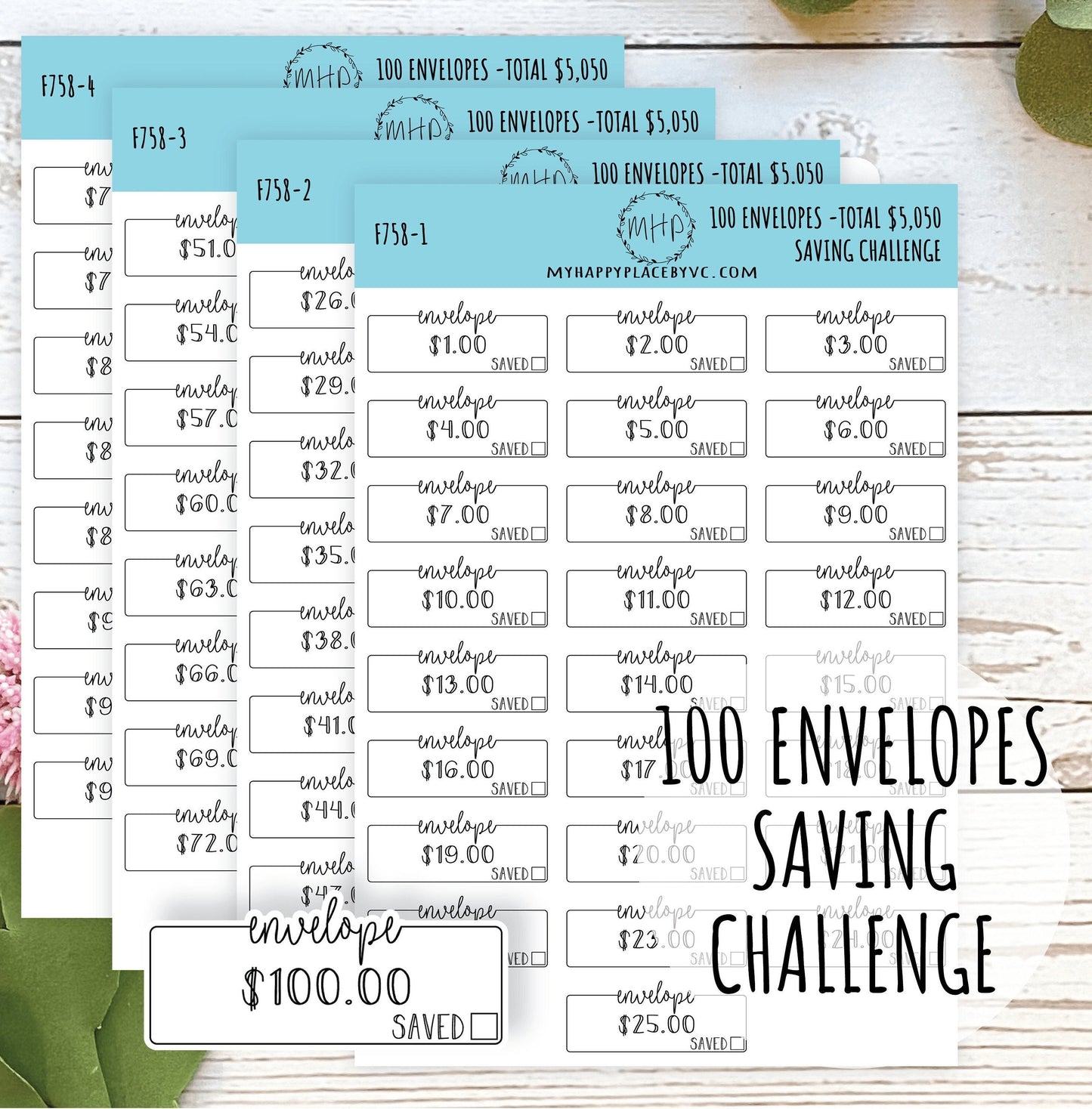 100 Envelope Stickers for Savings Challenge (Total Savings 5,050.00). – My  Happy Place Stickers