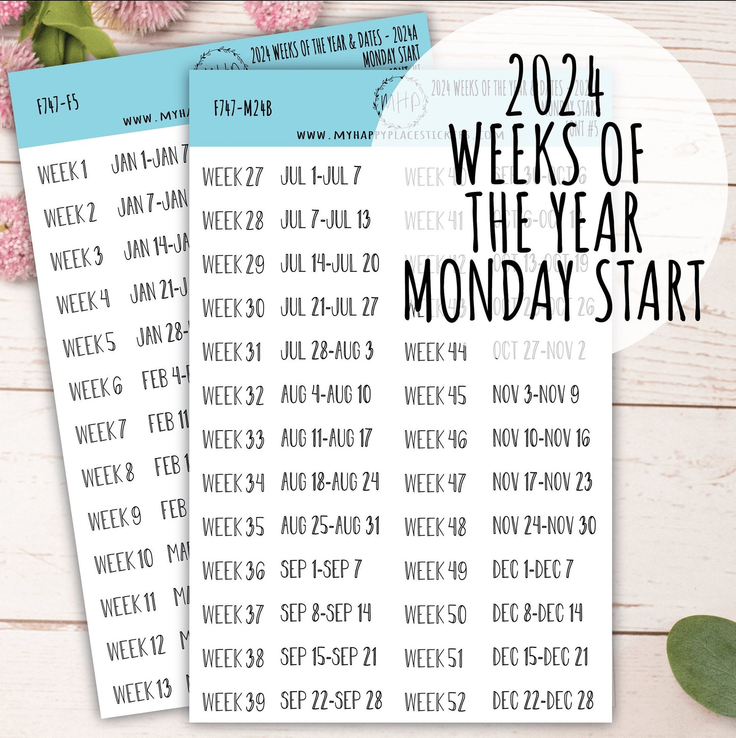2024 Weeks of the Year Stickers MONDAY START for Planners and